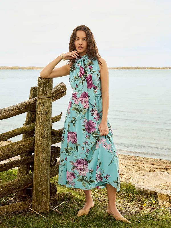 Sleeveless Printed Bow Midi Dress