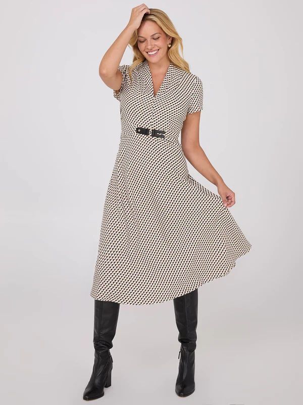 Geo Print Shawl Collar Belted Midi Dress